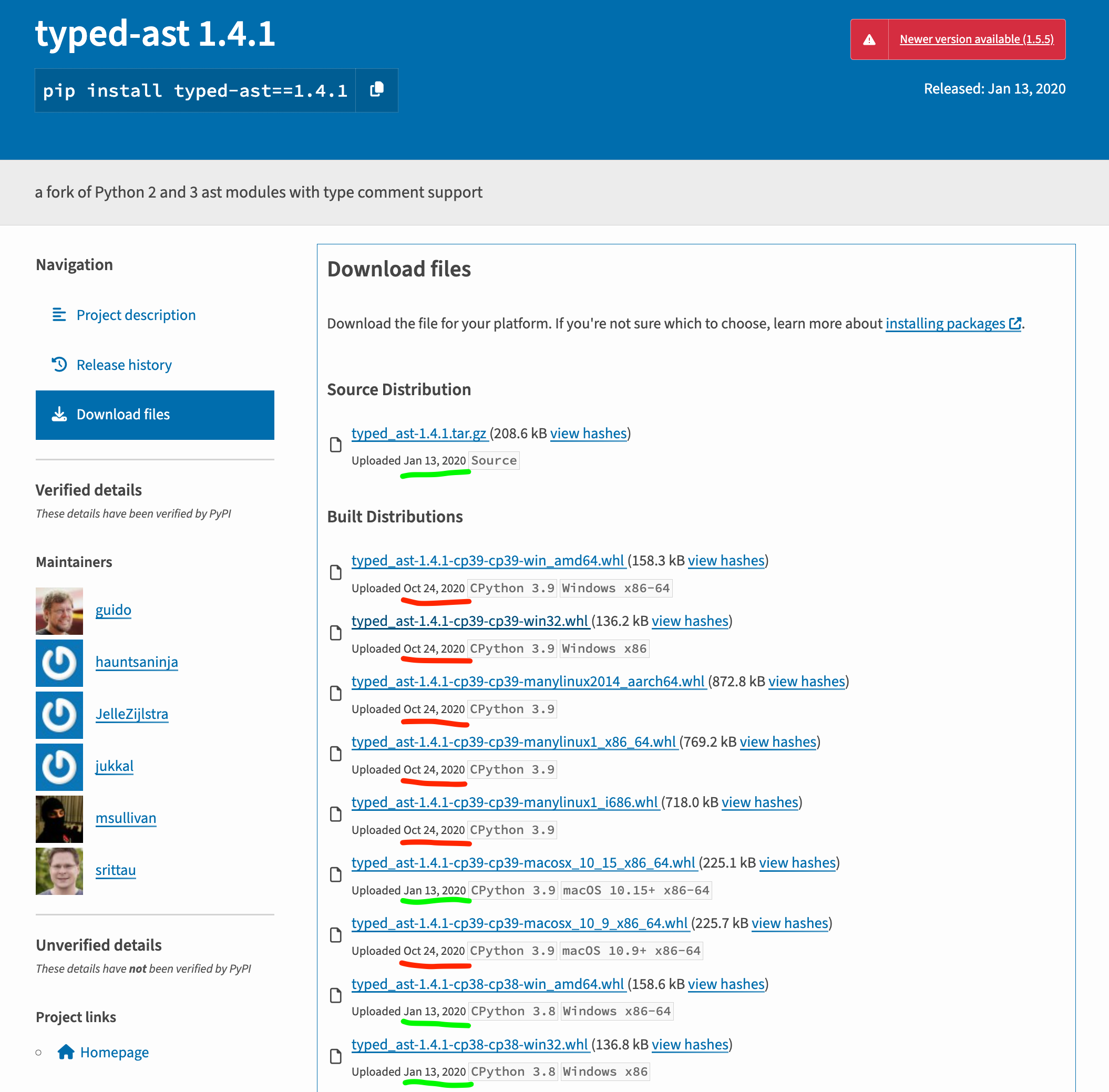 Screenshot of the `typed-ast` package v1.4.1 artifacts showing a wide upload date range