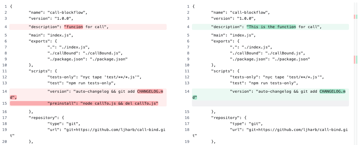 Difference between the original package.json and the modifications from mod.json that overwrite the original package.json