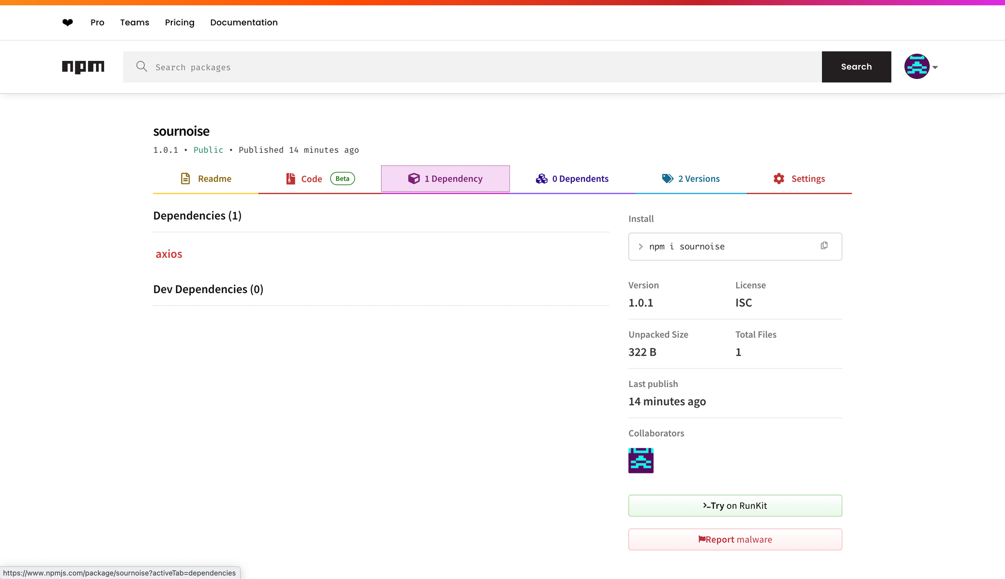 npmjs.org showing axios as a dependency of sournoise